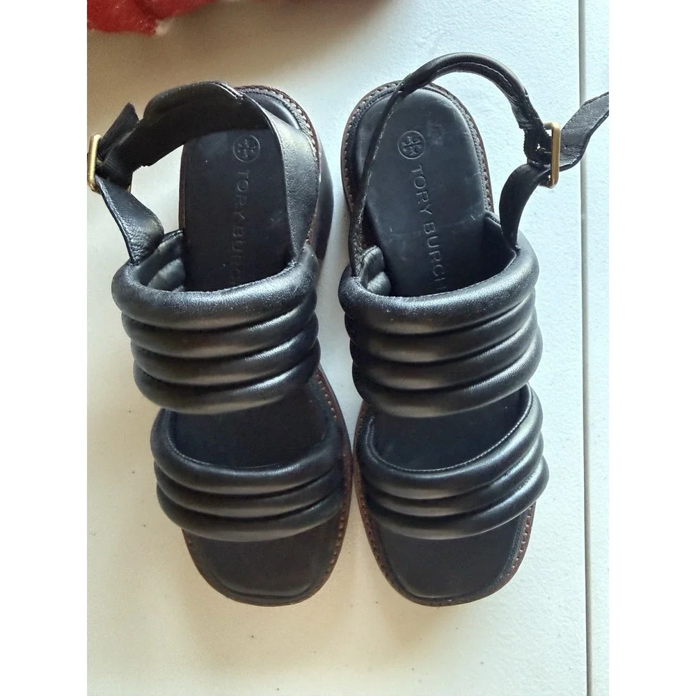 Tory Burch Sandals Quilted Slingback Leather Platform Lug Sole Black size 7 NWOB